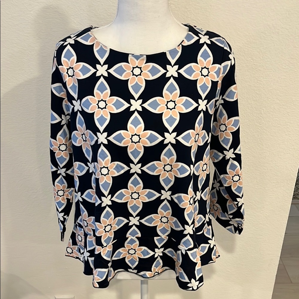 Crown & Ivy Black Blouse with Geometric Pattern and Three-Quarter Sleeves
